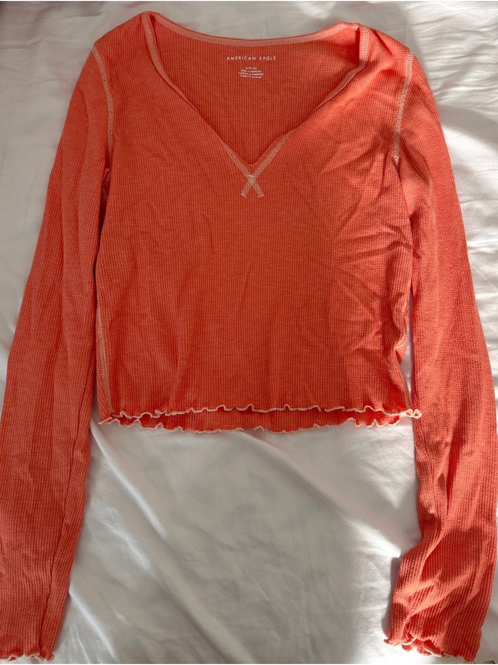 American Eagle Outfitters Coral Waffle V-Neck Long Sleeve Top